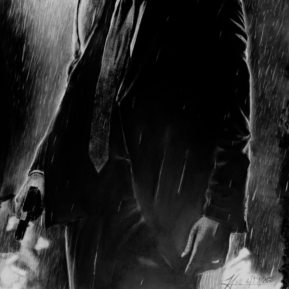 “John Wick” 2026 Charcoal (22”x30”), photo by Drawn_in2 on the wall