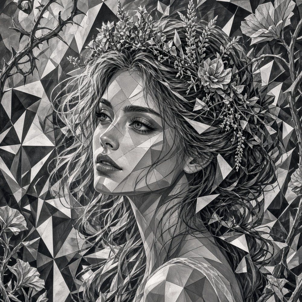 Monochrome Geometry of Briar Rose, photo by Kitler on the wall · WallPixelArt AI Art