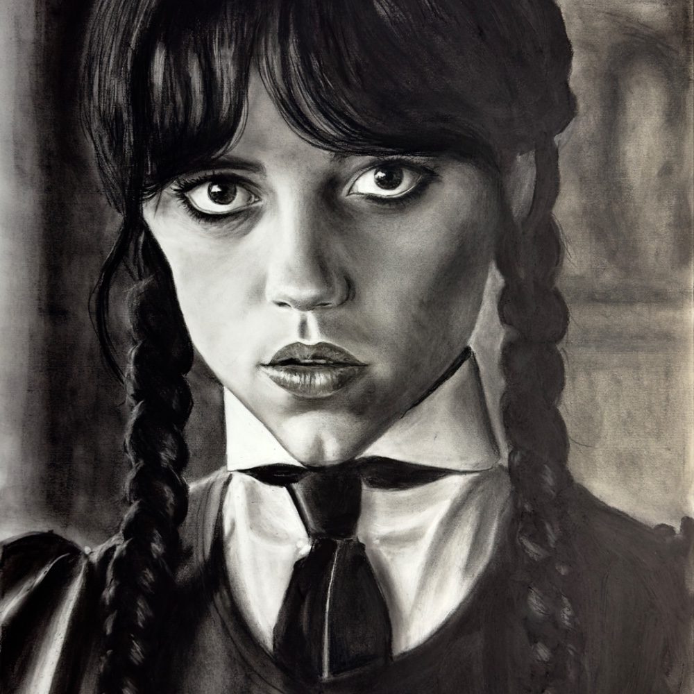“Wednesday Addams” 2025 Charcoal (22”x30”) Drawn_in2, photo by Drawn_in2 on the wall