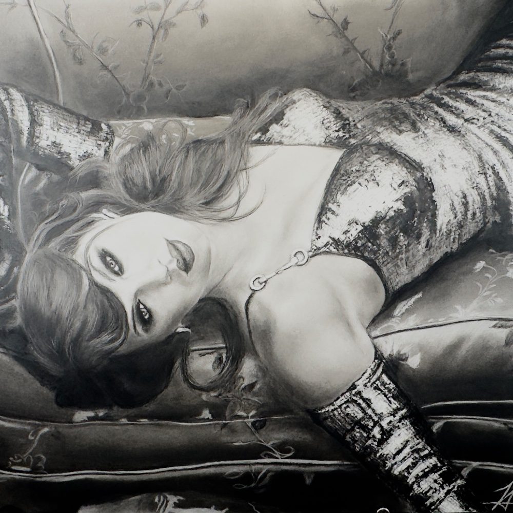 The Life of a Showgirl 2026 charcoal (22”x30”) Drawn_in2, photo by Drawn_in2 on the wall