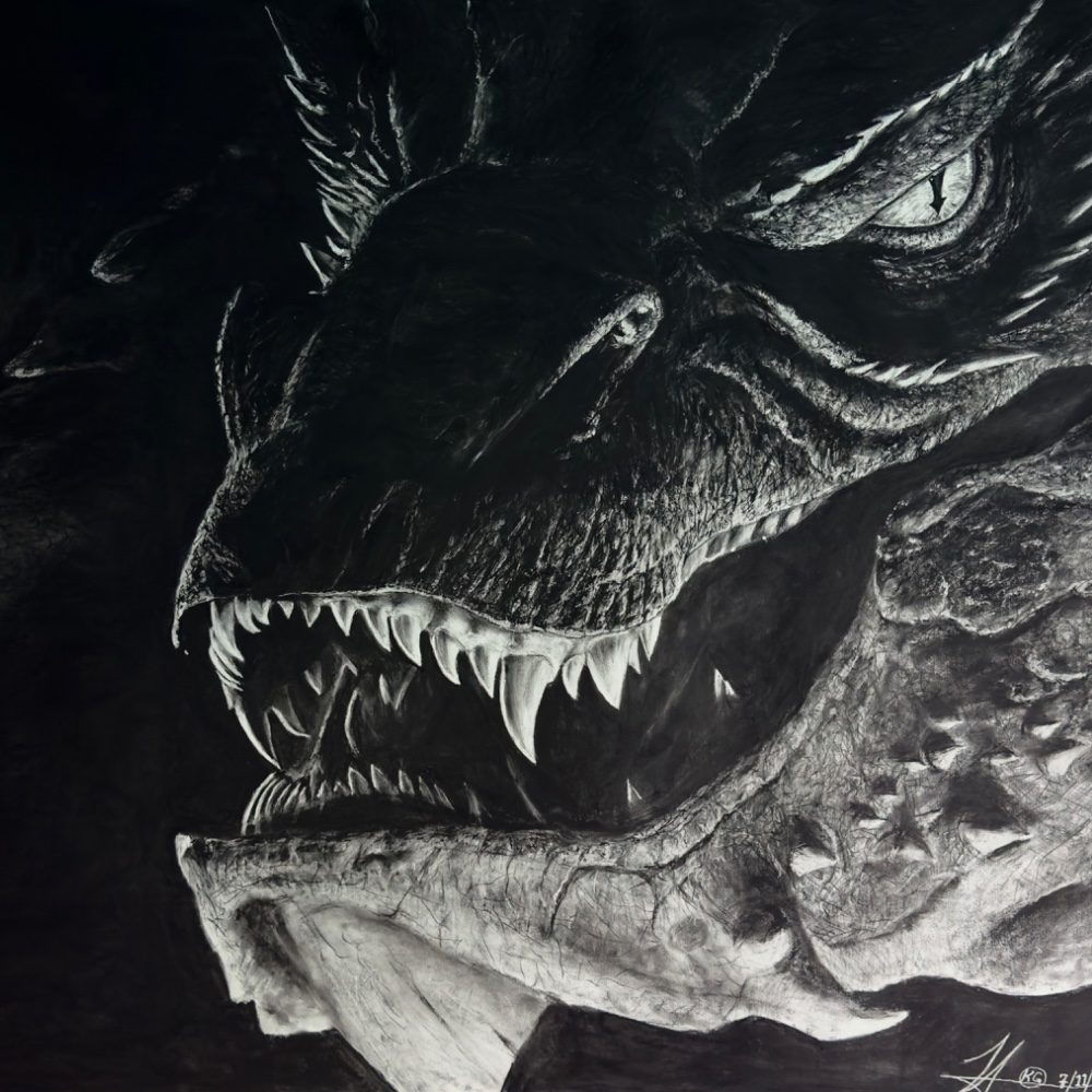 “Smaug” 2024 Charcoal (44”x55”), photo by Drawn_in2 on the wall