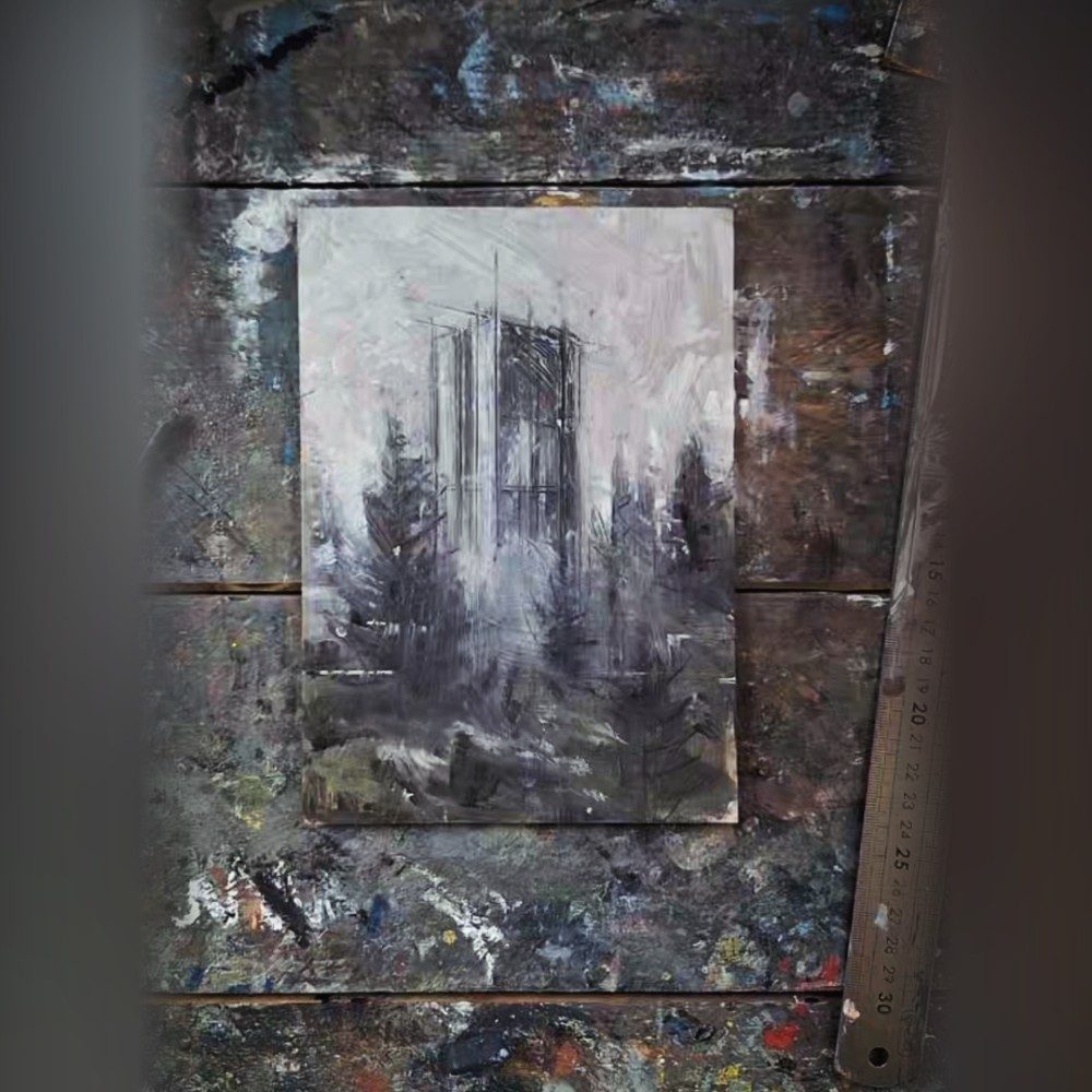 Forest's Monolith, oil on wood, 2026 #foggyforest #scifiart, photo by arolland on the wall · WallPixelArt Art