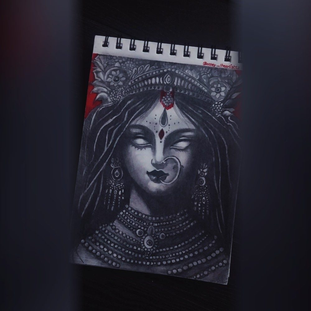 Maa durga potrait ( with graphite and background red pen) 🪷, photo by theartistotter1 on the wall